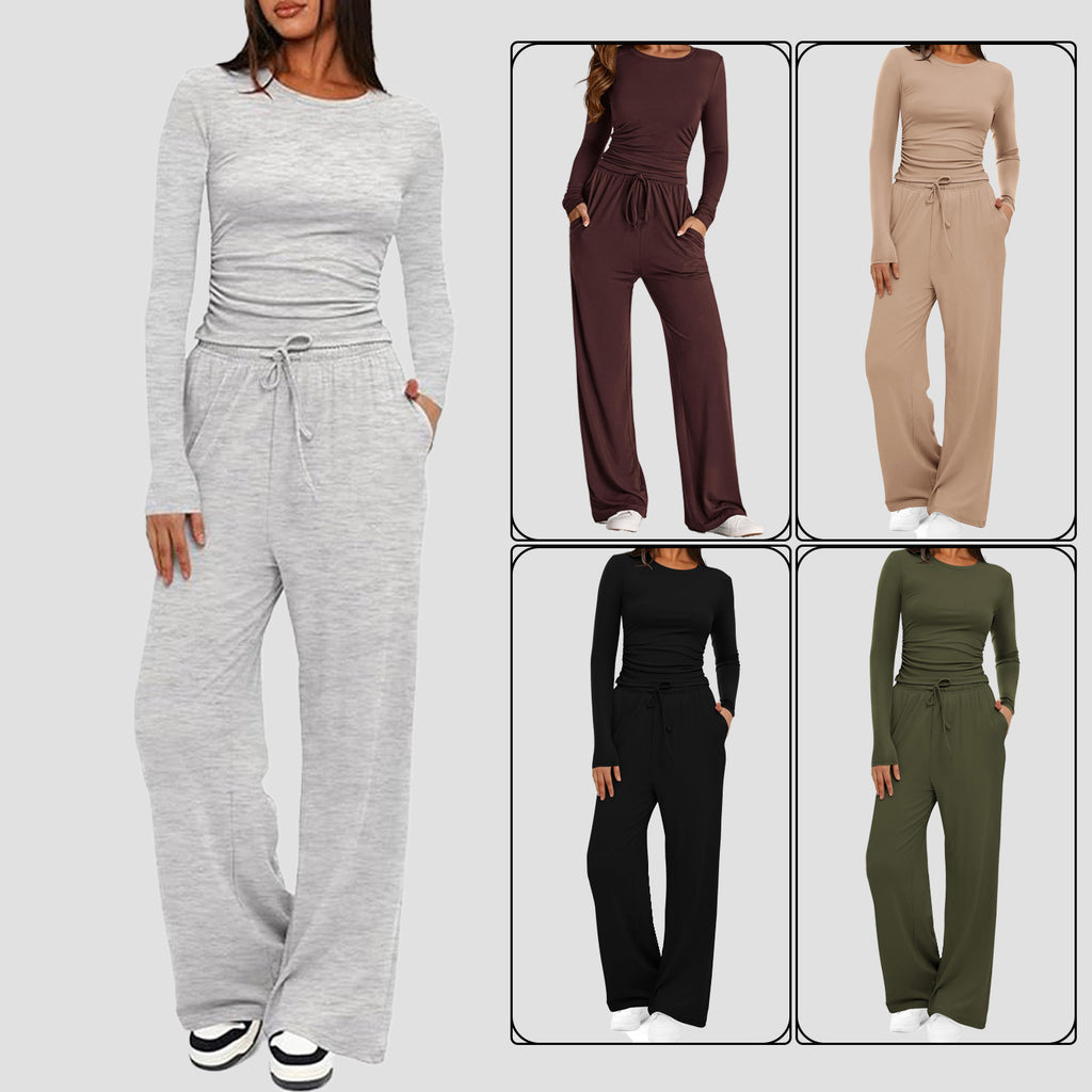 Ensemble 2 pièces femme automne-hiver – Haut manches longues + pantalon large taille haute