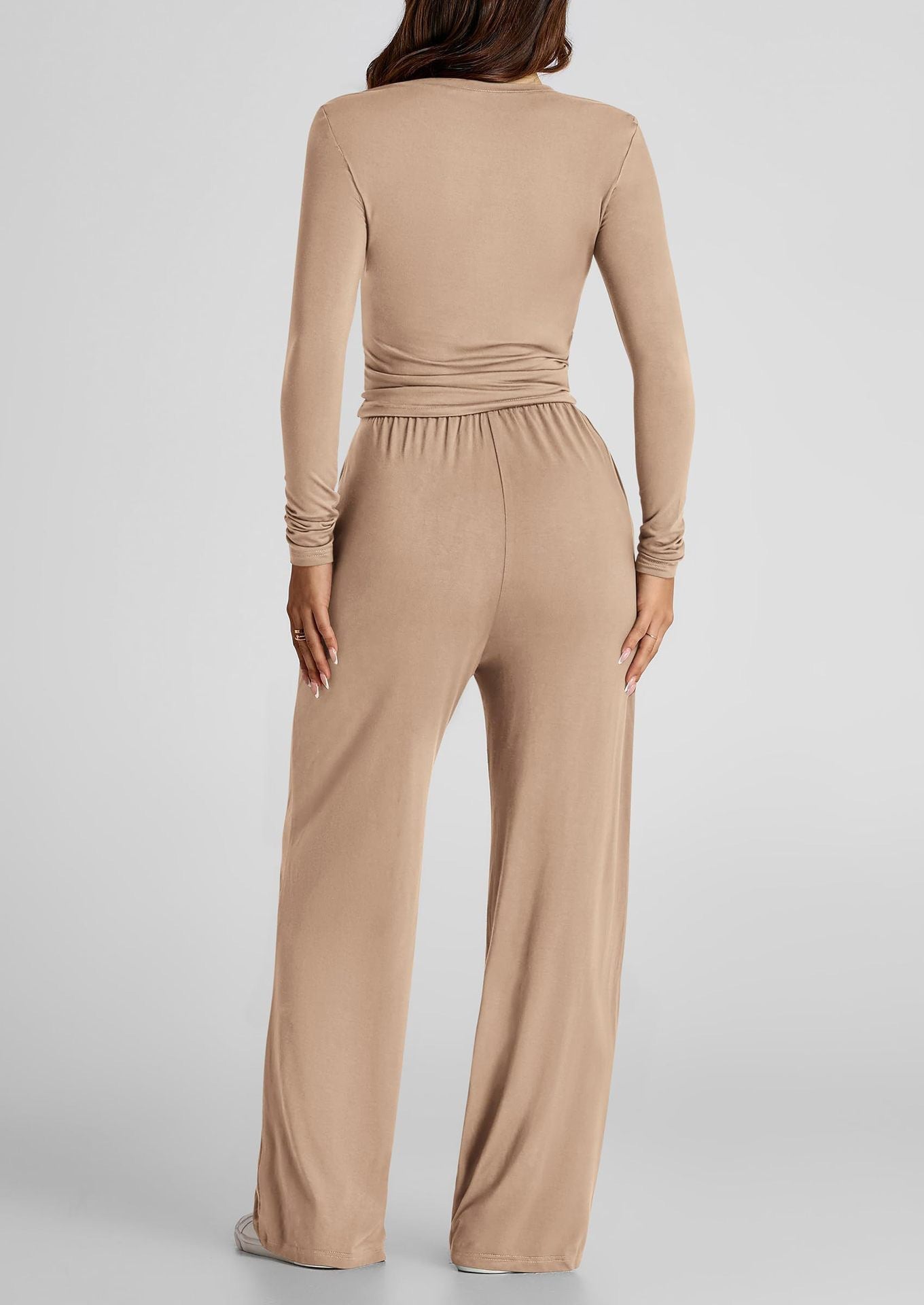 Ensemble 2 pièces femme automne-hiver – Haut manches longues + pantalon large taille haute