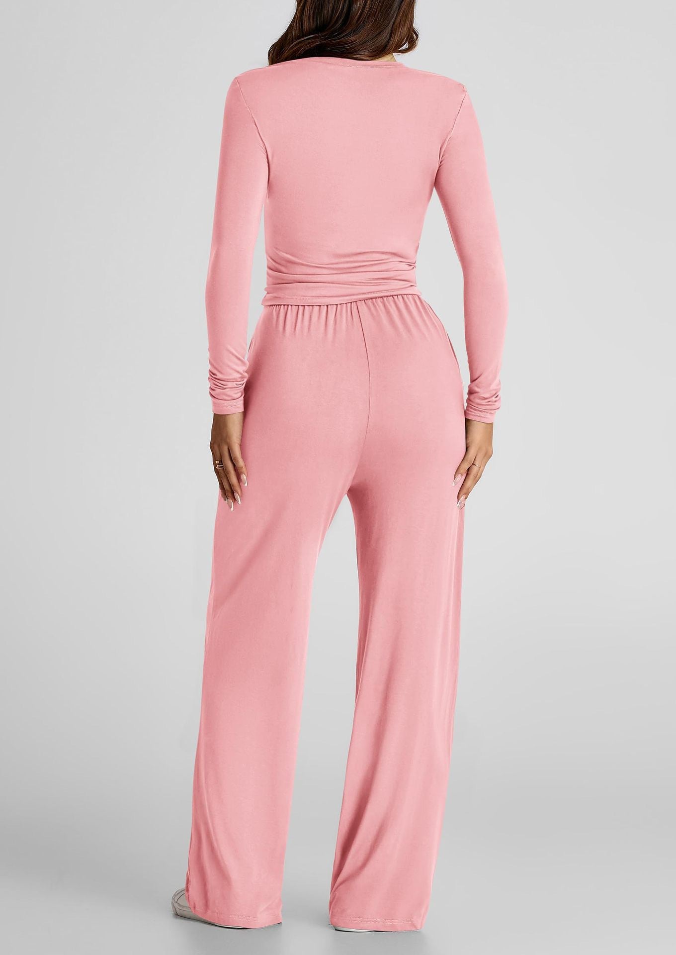 Ensemble 2 pièces femme automne-hiver – Haut manches longues + pantalon large taille haute