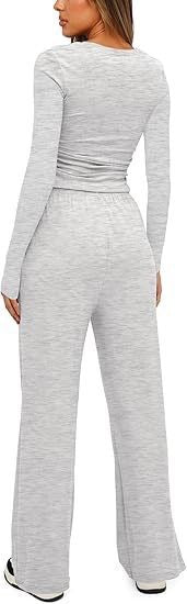 Ensemble 2 pièces femme automne-hiver – Haut manches longues + pantalon large taille haute