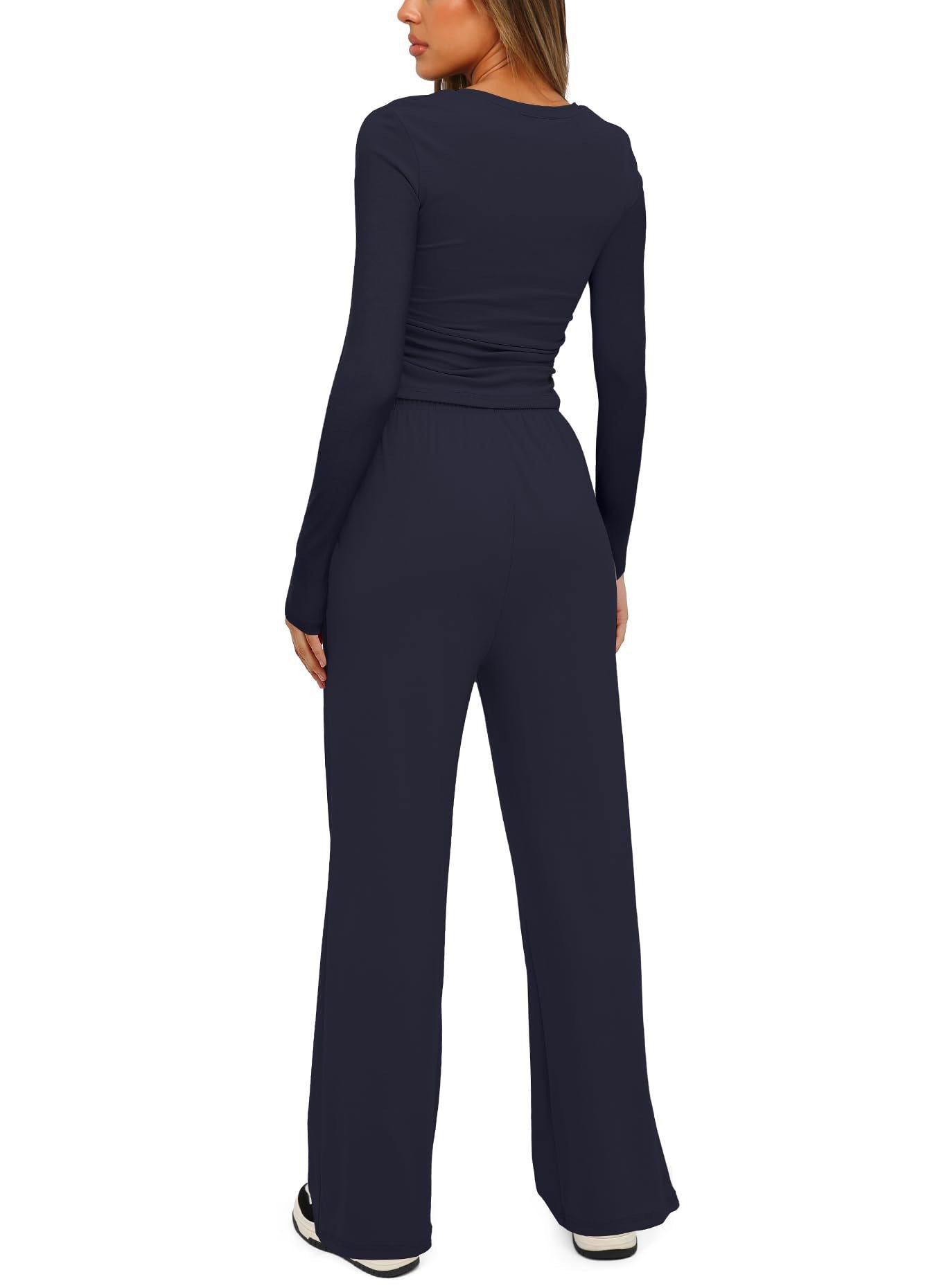 Ensemble 2 pièces femme automne-hiver – Haut manches longues + pantalon large taille haute