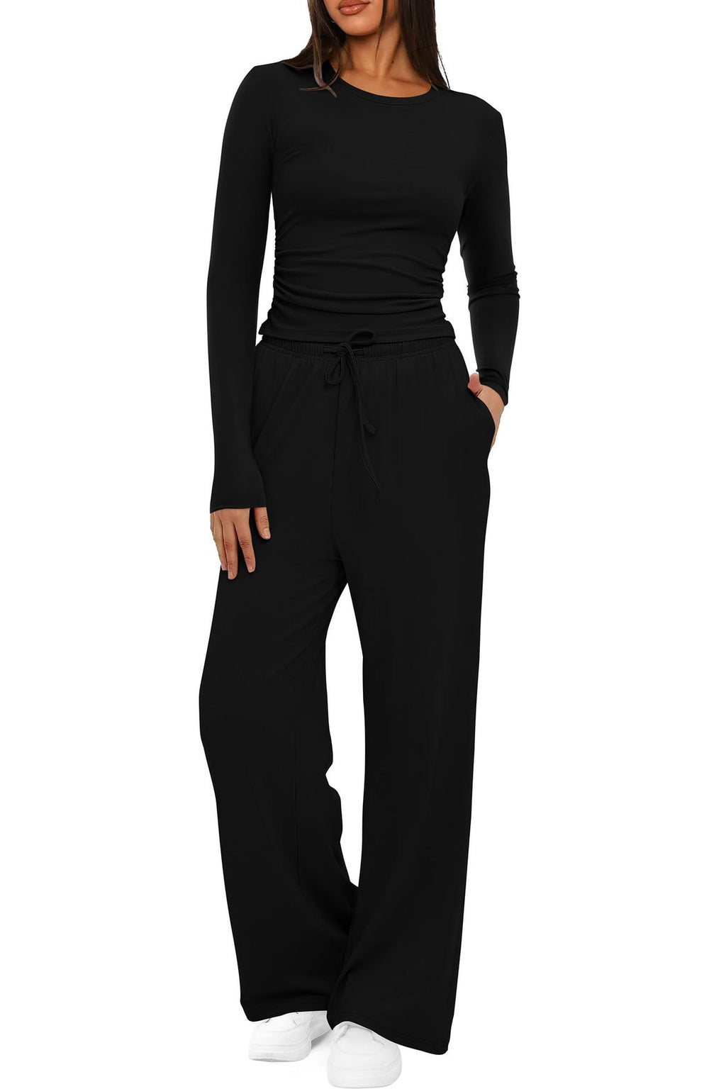 Ensemble 2 pièces femme automne-hiver – Haut manches longues + pantalon large taille haute